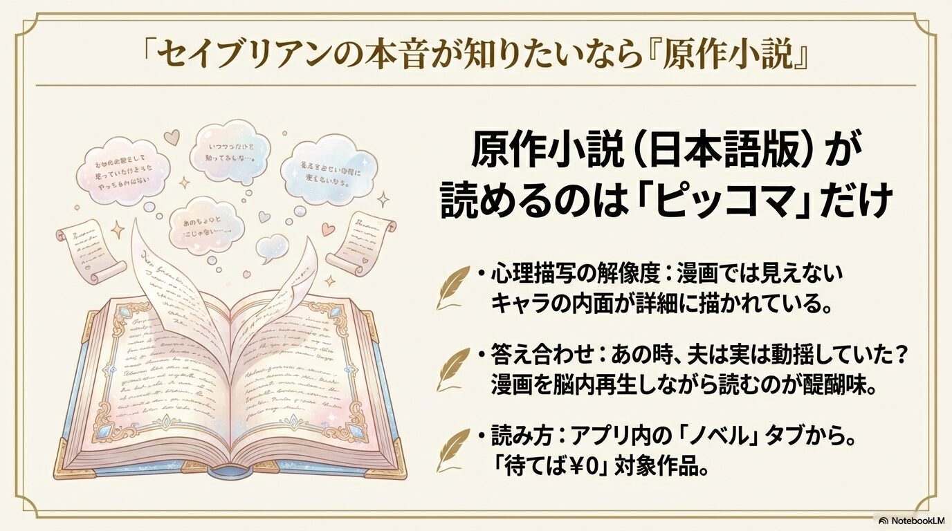 継母だけど娘が可愛すぎるの原作小説がピッコマ独占配信であることや、心理描写の解像度が高いメリットを解説したスライド