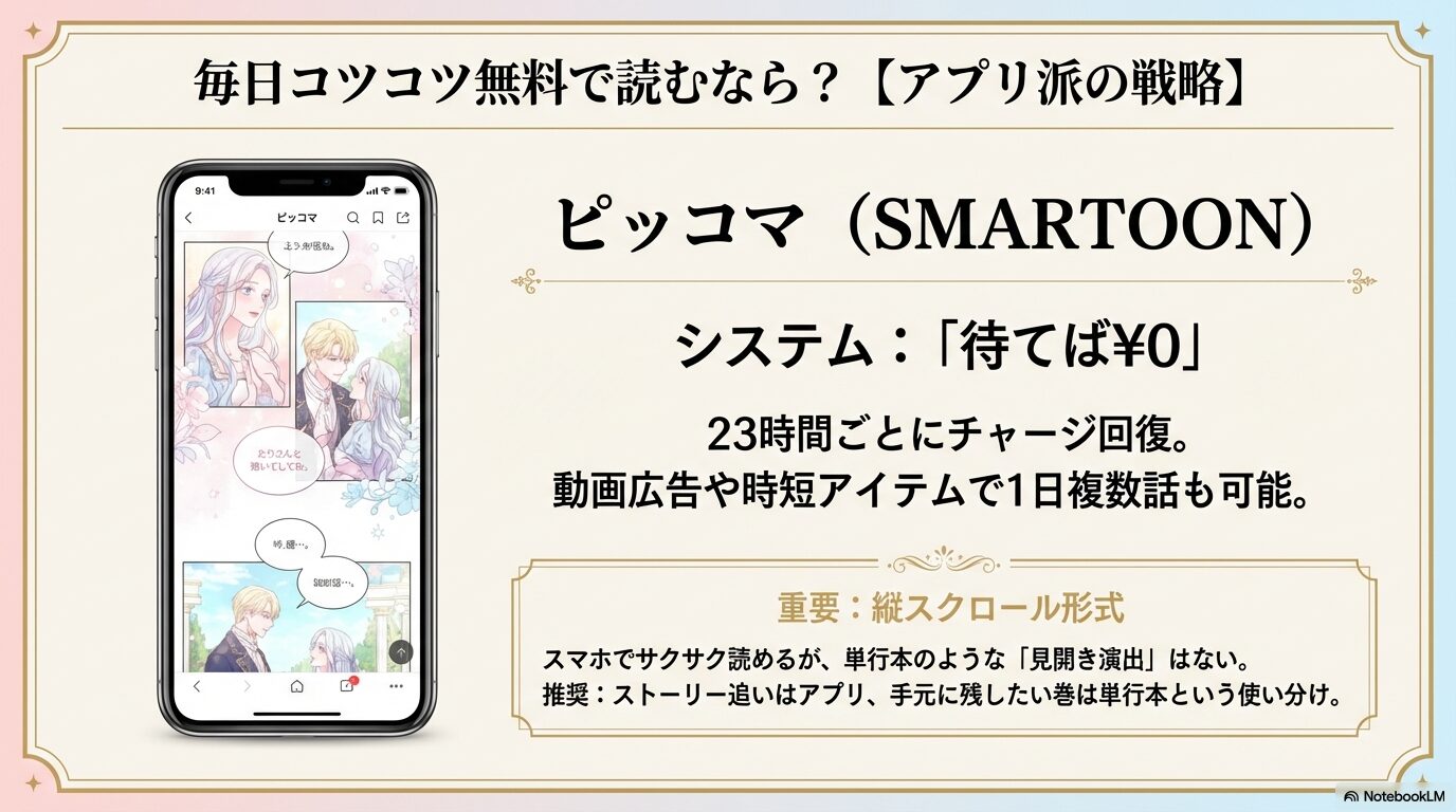 ピッコマのSMARTOON形式の特徴や、23時間ごとのチャージ回復システム、単行本版との使い分けを提案するスライド。