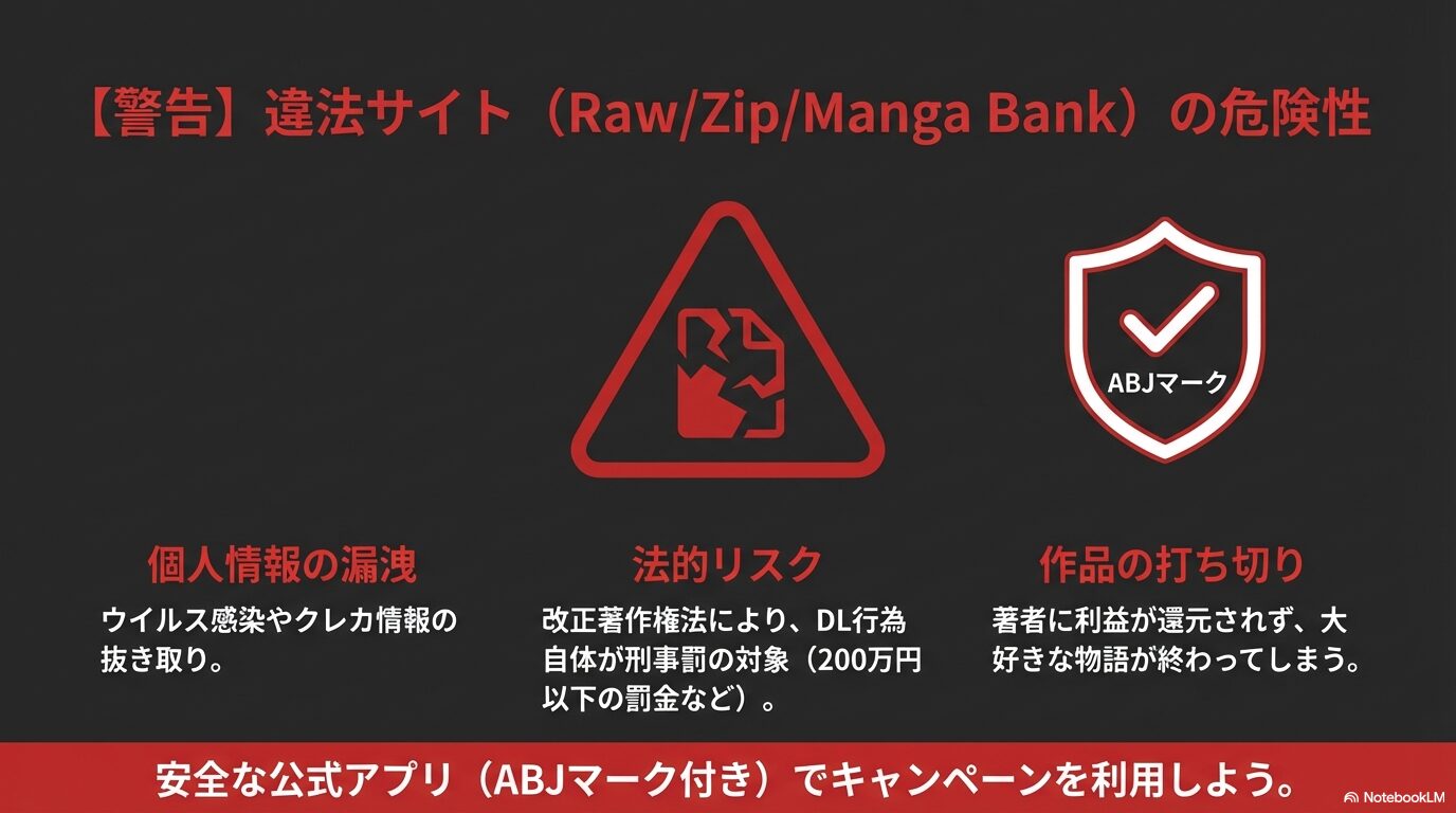漫画バンクやRawなどの違法サイトにおけるウイルス感染、個人情報漏洩、刑事罰のリスクを警告するスライド。