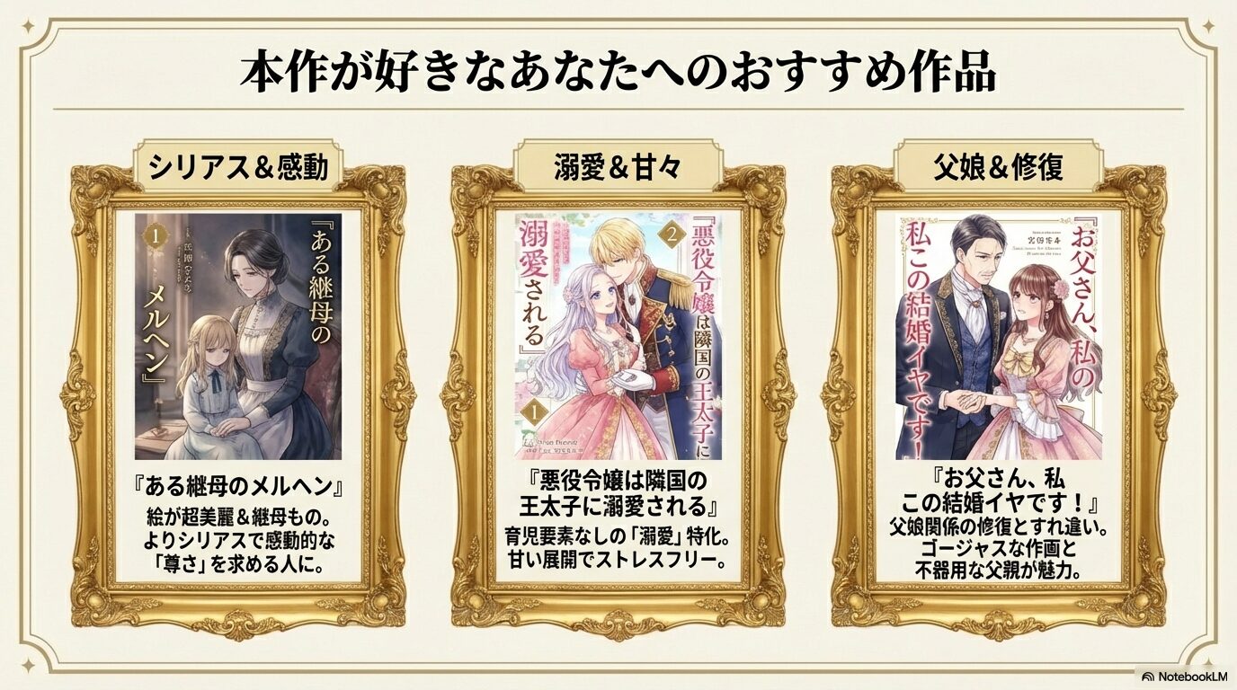 ある継母のメルヘン、悪役令嬢は隣国の王太子に溺愛される、お父さん、私この結婚イヤです!の3作品を比較紹介するスライド。