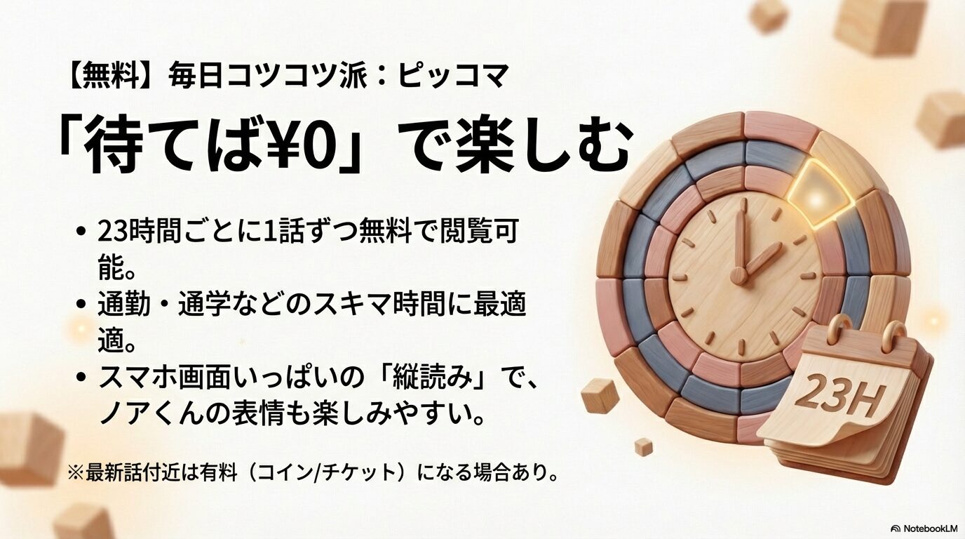 ピッコマの23時間ごとに1話無料システムと、スマホでの縦読み体験についての解説スライド。