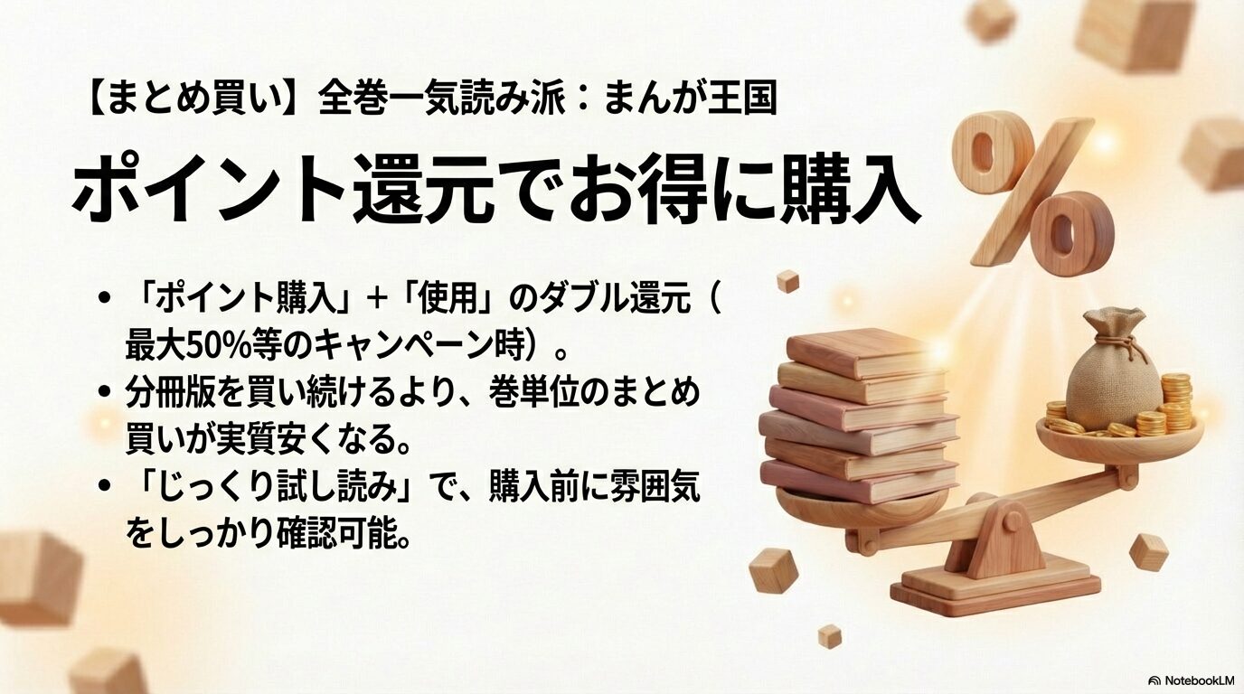 ポイント購入と使用のダブル還元で最大50%お得になる、まんが王国のまとめ買いメリットの紹介。