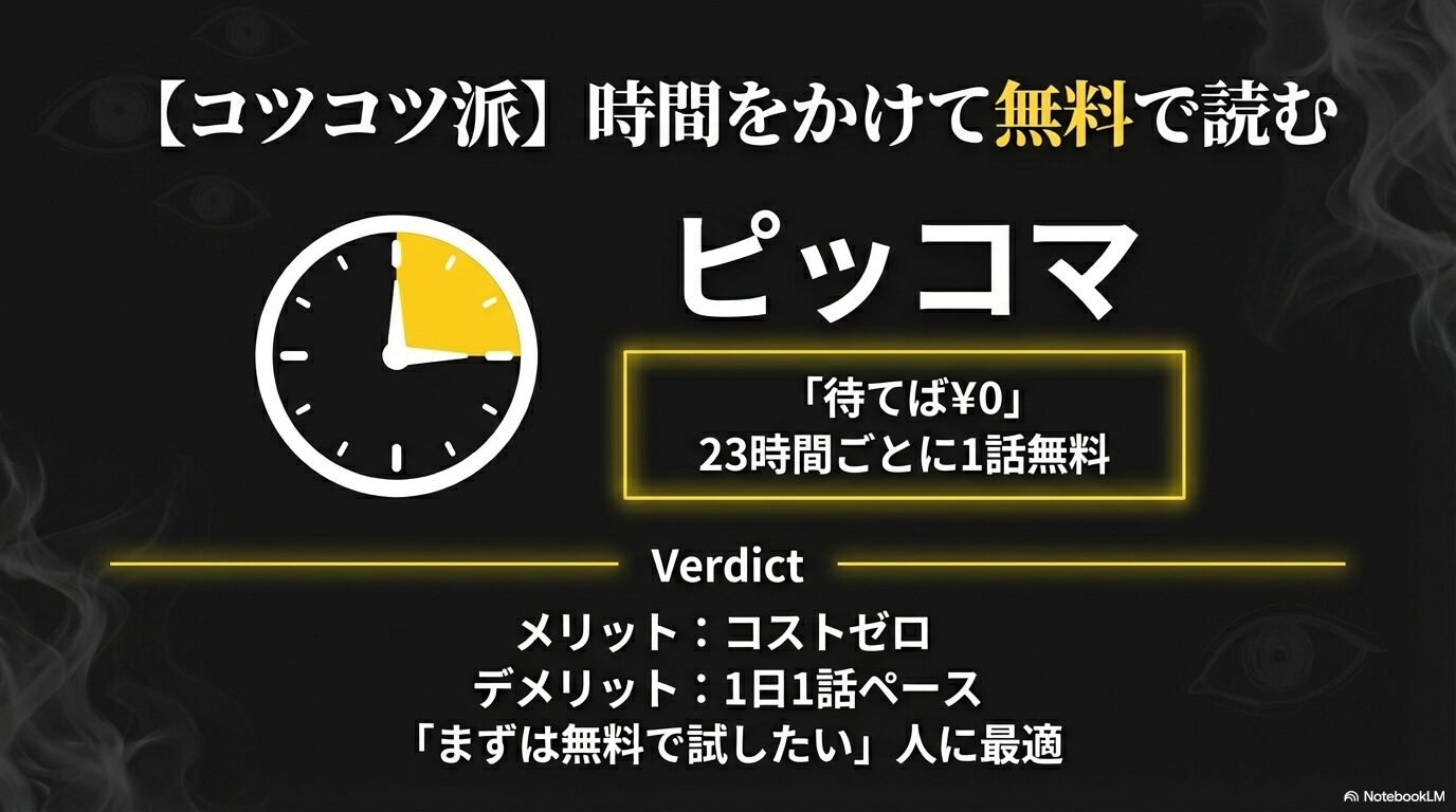 ピッコマの待てば0円は23時間ごとに1話無料。コストゼロでまずは無料で試したい人に最適。