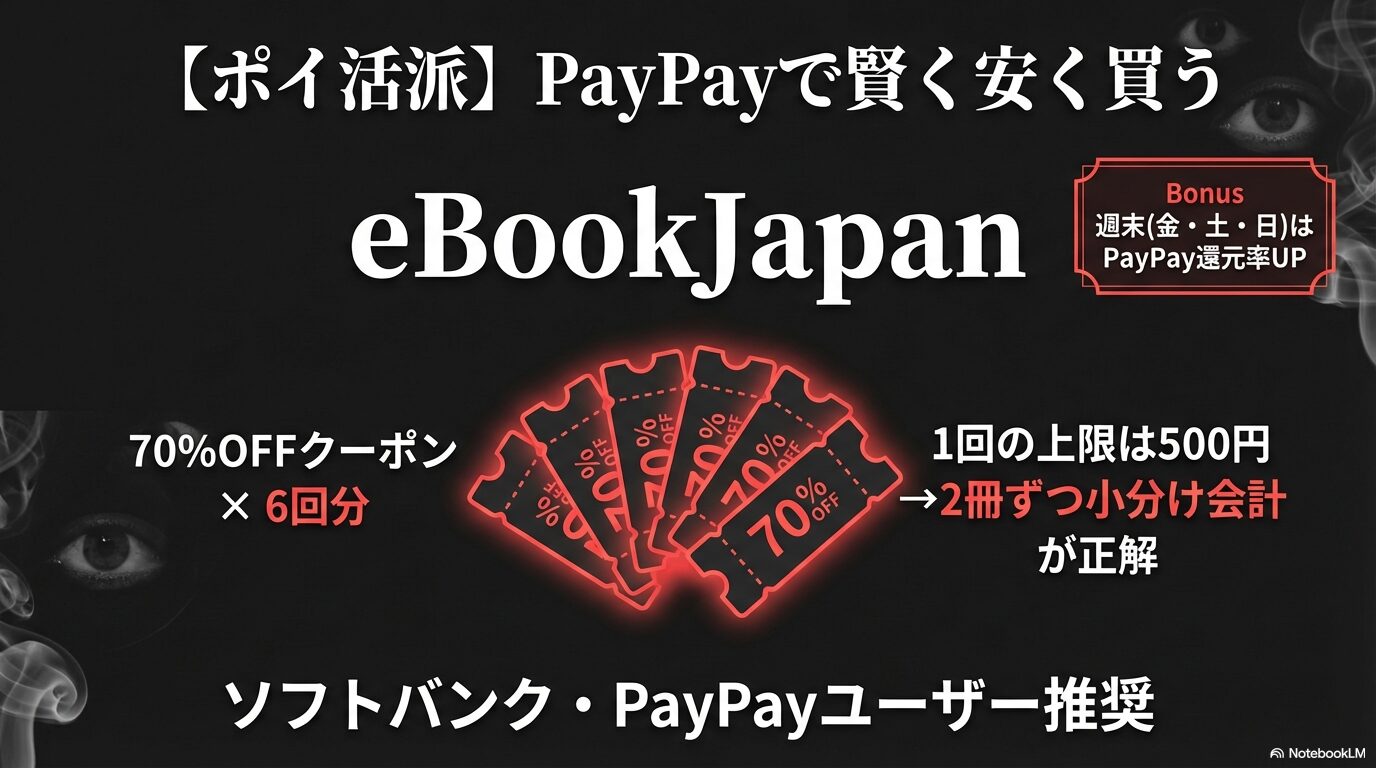 eBookJapanの70%OFFクーポン6回分。週末はPayPay還元率アップ。1回の上限500円のため小分け会計が推奨。