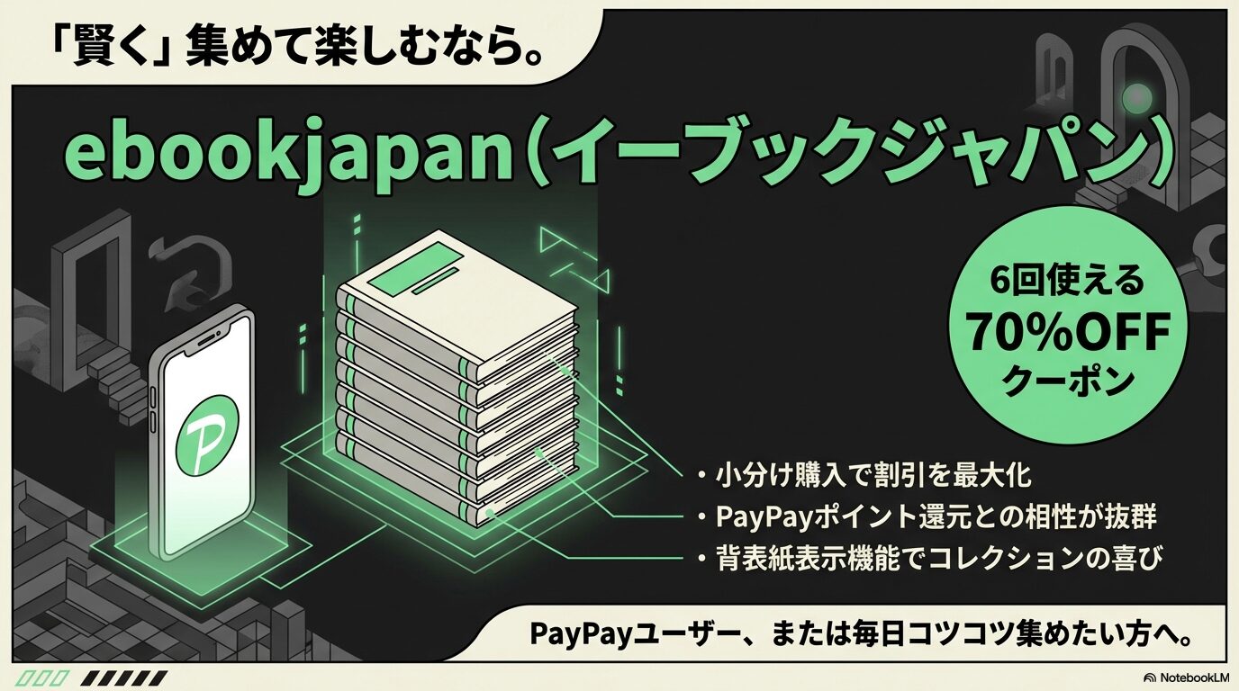 ebookjapanは6回使える70%OFFクーポンが魅力。PayPayポイント還元との相性が抜群で、背表紙表示機能も充実。