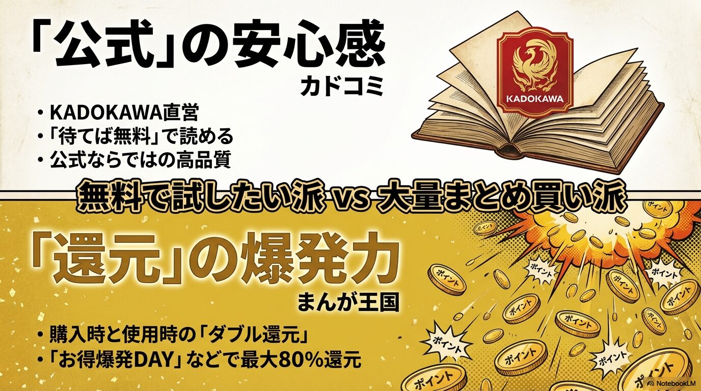 KADOKAWA直営「カドコミ」の待てば無料と、まんが王国の最大80%ダブル還元。無料で試したい派とまとめ買い派の比較。