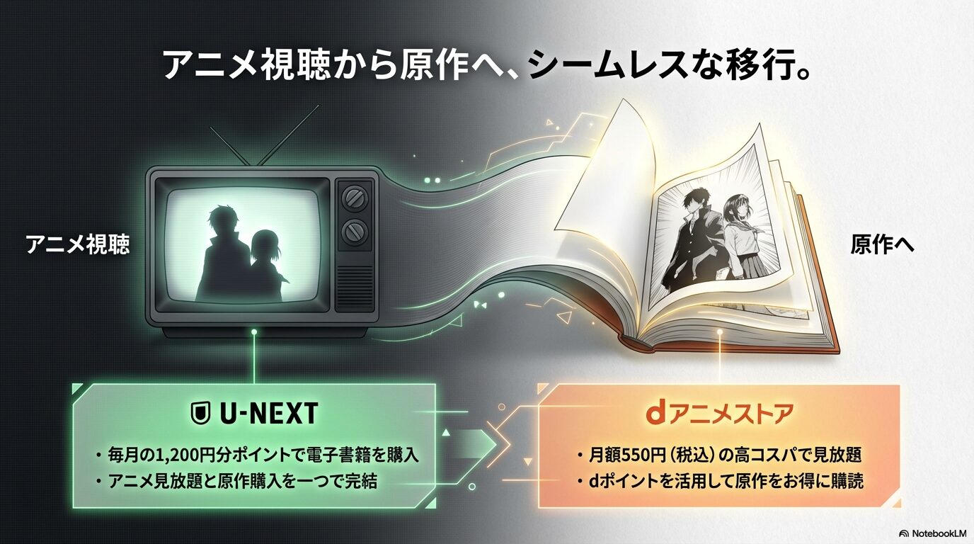 U-NEXTの毎月ポイントでの電子書籍購入と、dアニメストアの月額550円高コスパ見放題の紹介。