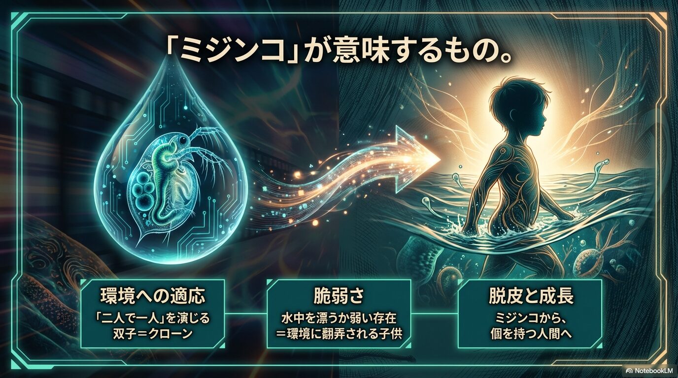ミジンコが意味するもの:環境への適応(二人で一人)、脆弱さ(か弱い子供)、脱皮と成長(個を持つ人間へ)。