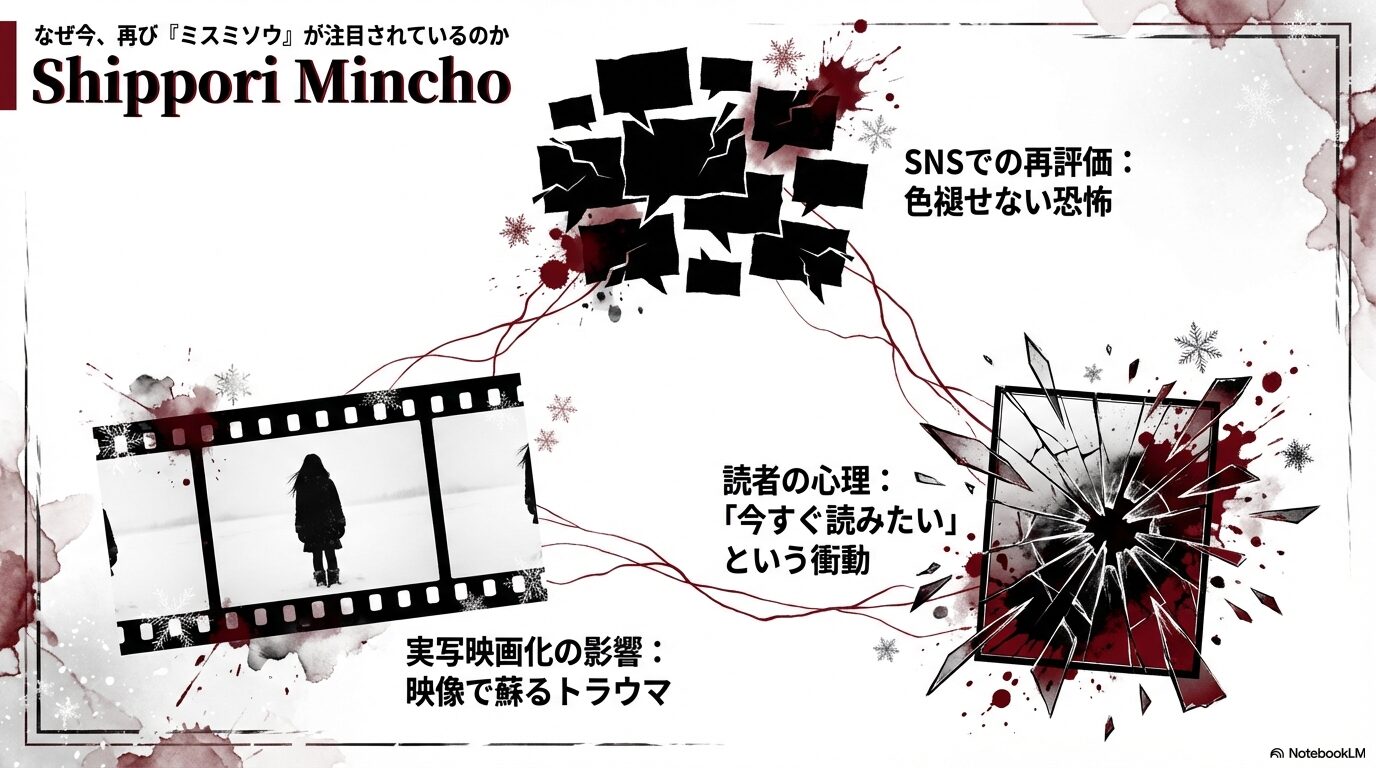 SNSでの再評価や実写映画化の影響など、ミスミソウが再び注目を集める背景をまとめたスライド画像。