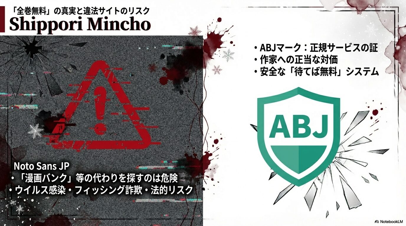 漫画バンク等の違法サイト利用によるウイルス感染リスクや、正規サービスの証であるABJマークについて解説したスライド画像。