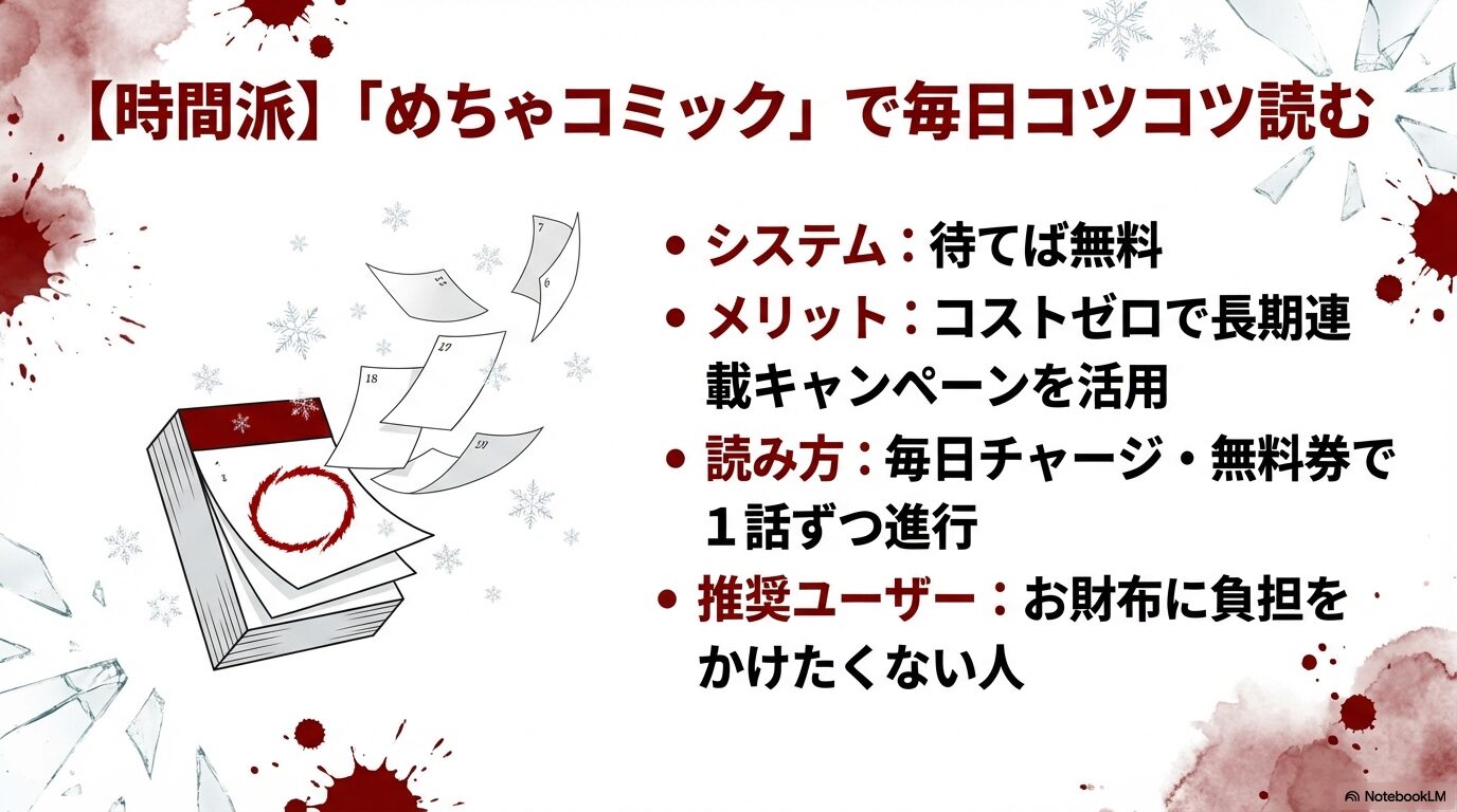 待てば無料システムや毎日チャージ機能を活用して、コストゼロでミスミソウを読み進める方法を紹介するスライド画像。