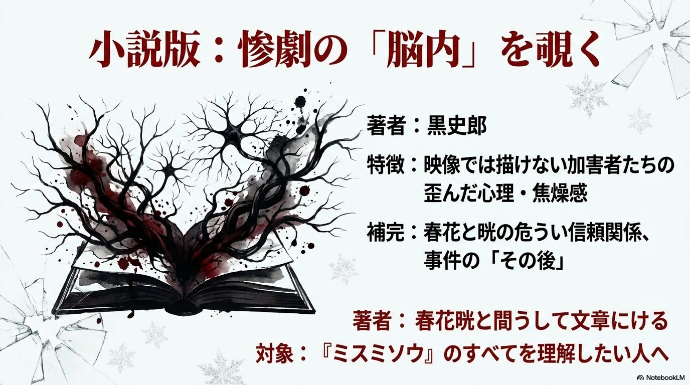 黒史郎著の小説版における、映像では描けない加害者たちの歪んだ心理描写や事件の「その後」の補完について解説したスライド画像。