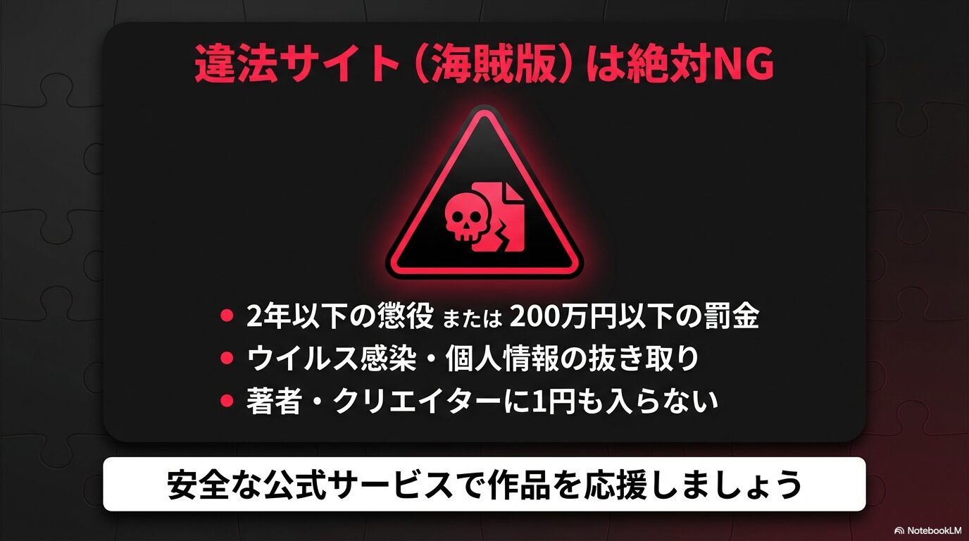 違法サイトの利用は2年以下の懲役や200万円以下の罰金対象。ウイルス感染や個人情報流出の危険があり、著者の支援にもならないためNG。