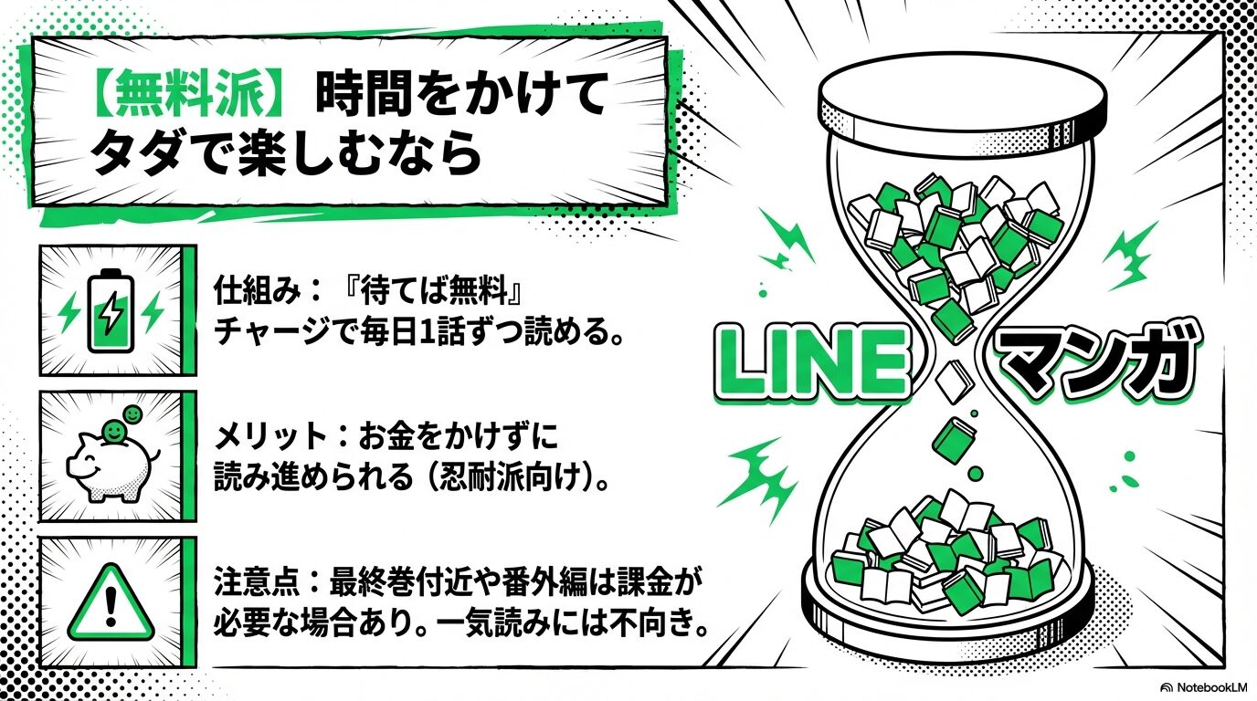 砂時計のイラスト。チャージで毎日1話ずつ読めるメリットと、最終巻付近の課金や一気読み不向きなどの注意点をまとめた図解。