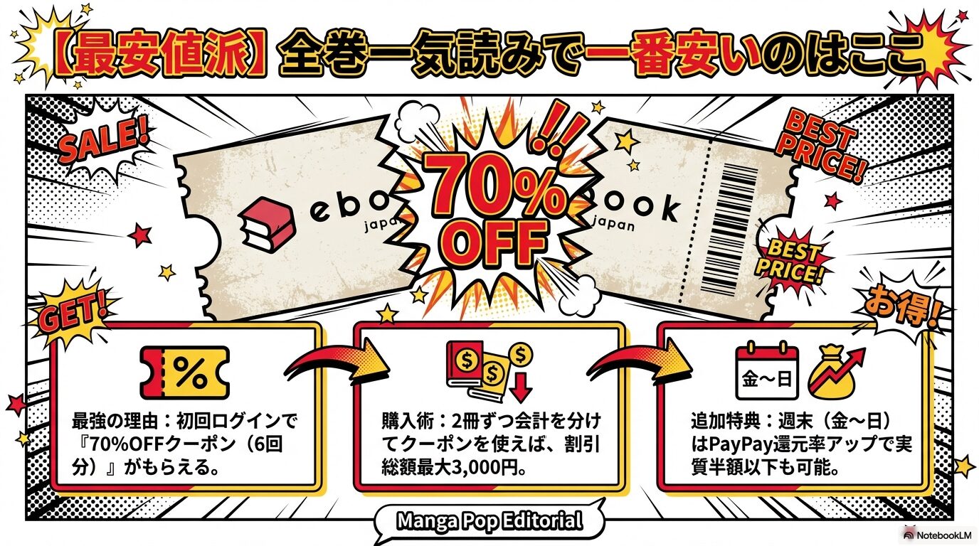 初回ログイン70%OFFクーポン（6回分）の活用術や、週末のPayPay還元アップで実質半額以下になる購入術をまとめたスライド。