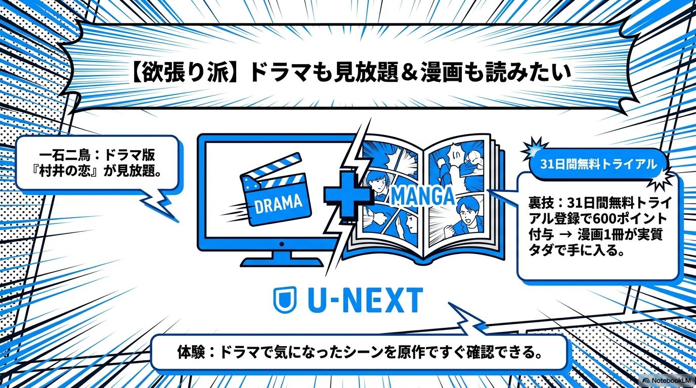 テレビとマンガのイラスト。31日間無料トライアルで600ポイントが付与され、ドラマ版が見放題になる一石二鳥のメリットを解説する図解。
