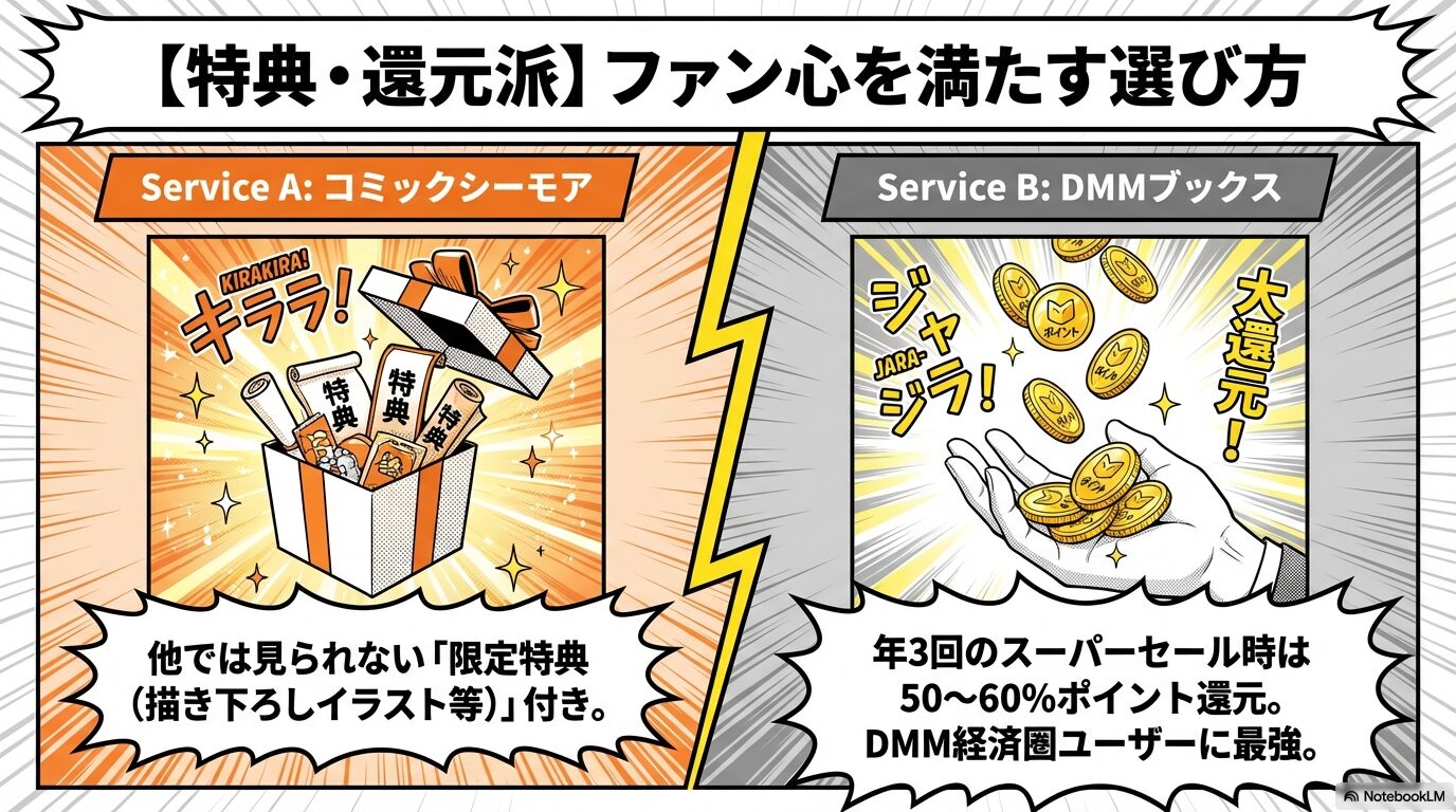 コミックシーモアの描き下ろし限定特典と、DMMブックスの年3回スーパーセールによるポイント大還元を比較したファン向けの選び方ガイド。