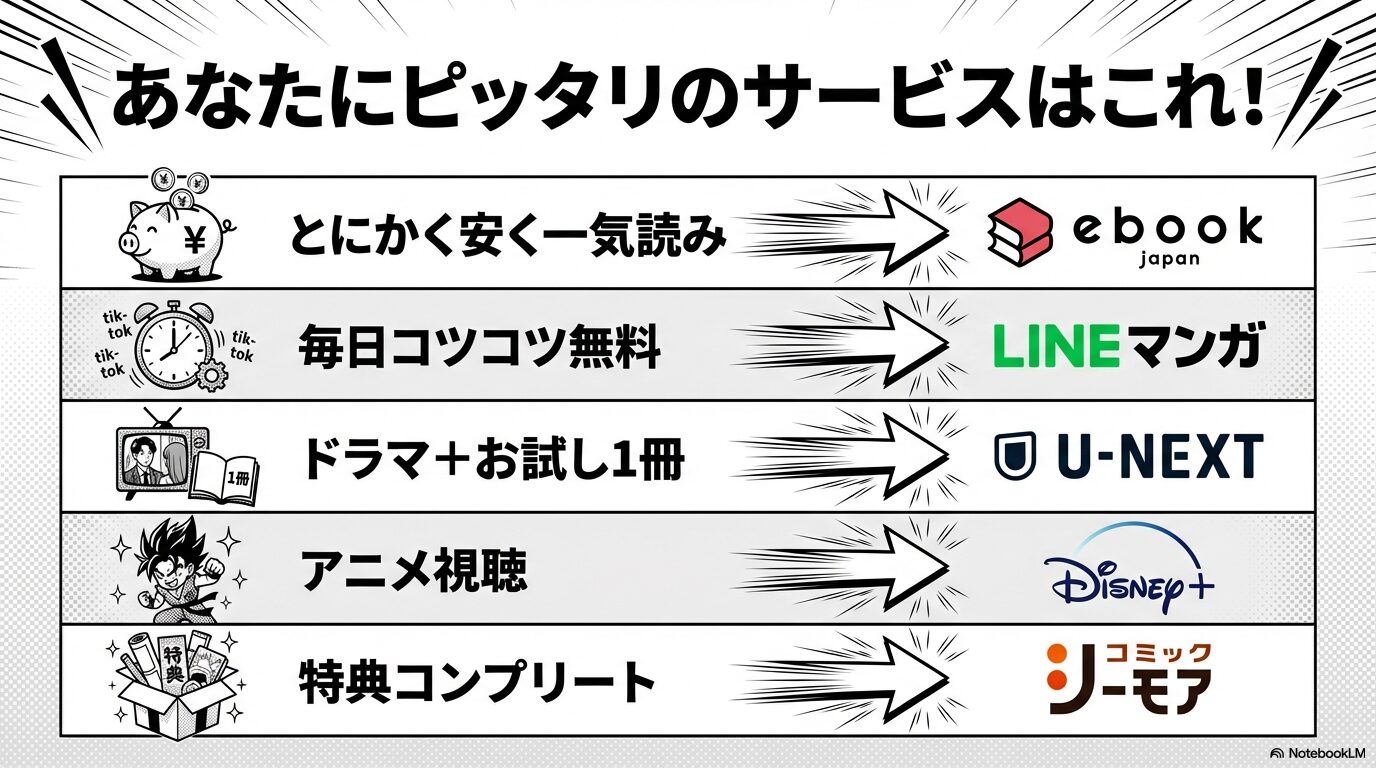 「安く一気読み」「コツコツ無料」「ドラマ＋お試し」「アニメ視聴」などの目的別に、推奨サービスを一覧表でまとめた比較スライド。