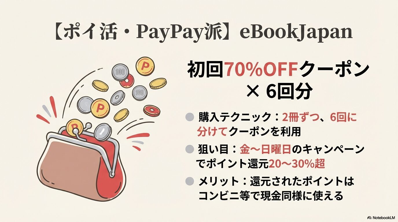 eBookJapanの初回70%OFFクーポンを6回に分けて使うテクニックや、週末のキャンペーンでPayPayポイントが20〜30%還元されるメリットを解説したスライド画像。