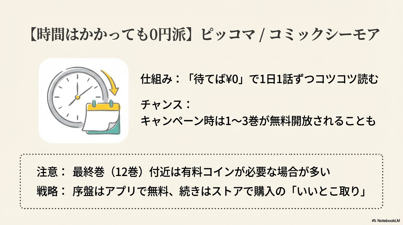 ピッコマやコミックシーモアの「待てば¥0」で1日1話読む仕組みや、キャンペーン時の無料開放、最終巻付近の注意点について解説したスライド画像。