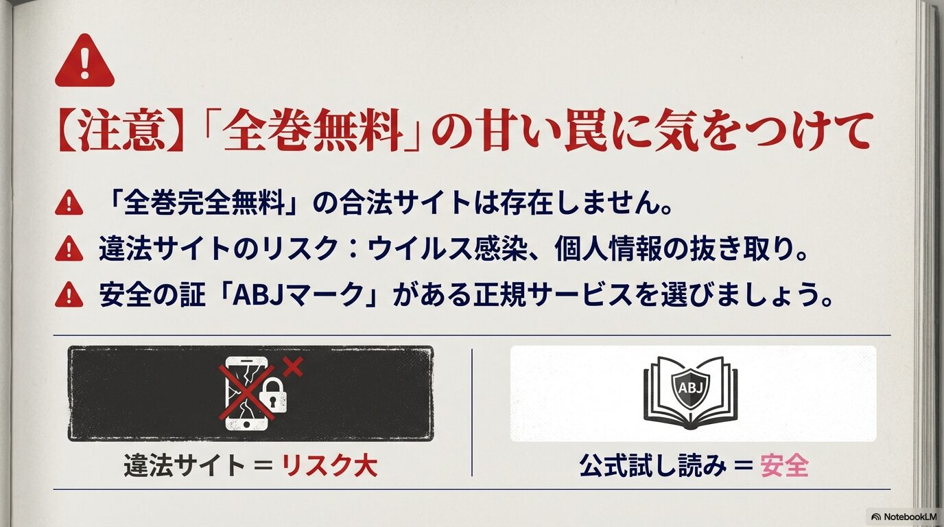 【注意】「全巻無料」を謳う違法漫画サイトの危険性と、安全の証であるABJマークについての解説図解。