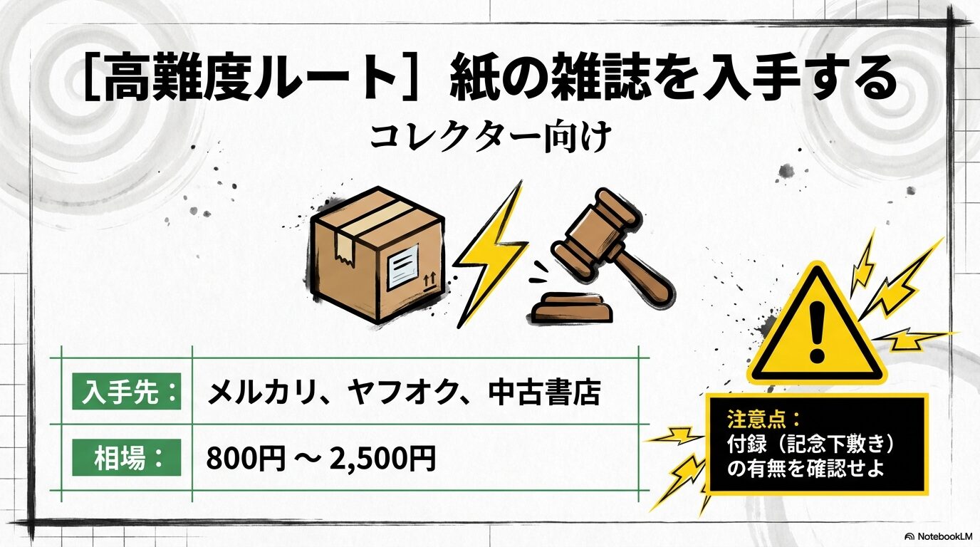 メルカリやヤフオクでの相場（800円〜2,500円）と、付録の記念下敷きの有無を確認する注意点を示したスライド
