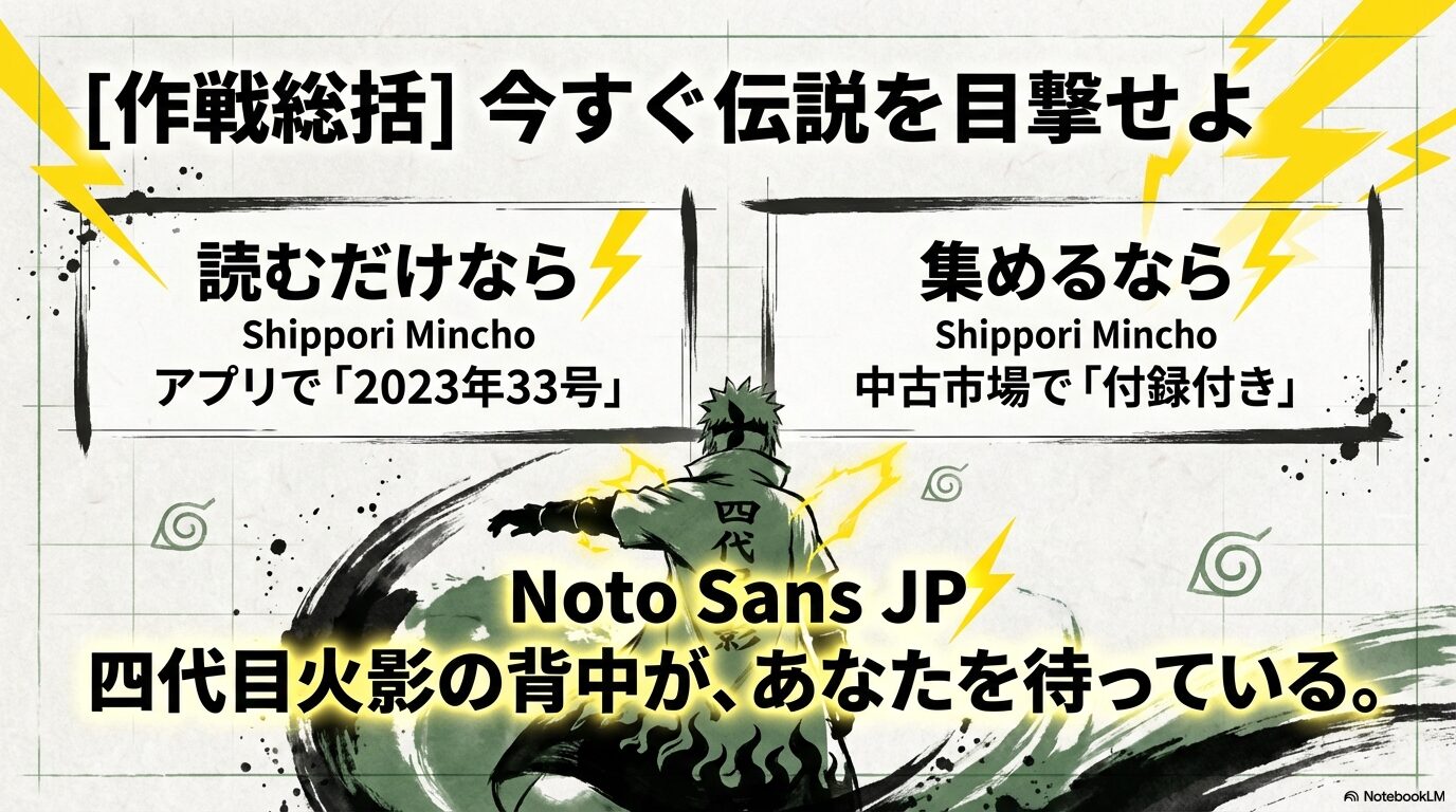 読むだけならアプリで2023年33号、集めるなら中古市場で付録付き。四代目火影の背中が待っているという総括スライド