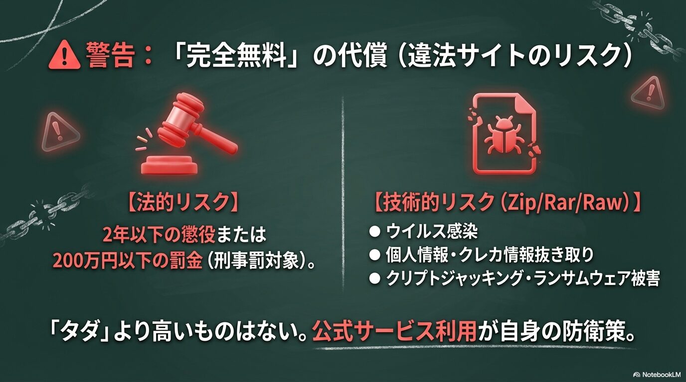 裁判のガベル(木槌)とウイルスのアイコン。違法サイトによる懲役や罰金の法的リスク、ウイルス感染やクレカ情報抜き取りの技術的リスクを警告。