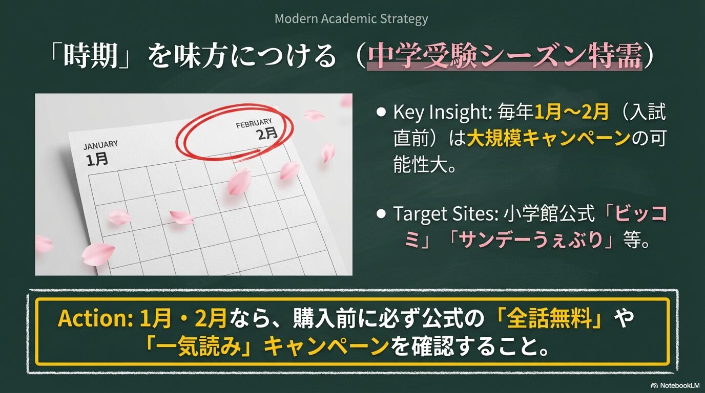 カレンダーの1月と2月に桜の花びらが舞うイメージ。入試直前の特需シーズンに小学館公式「ビッコミ」などで全話無料になる可能性を解説。