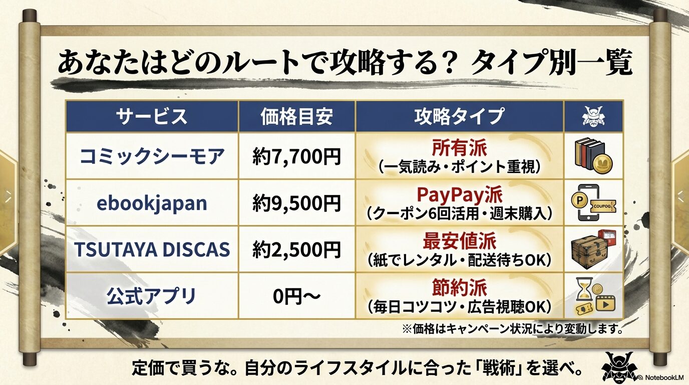 所有派・PayPay派・最安値派・節約派それぞれのサービスと価格目安をまとめた比較表スライド