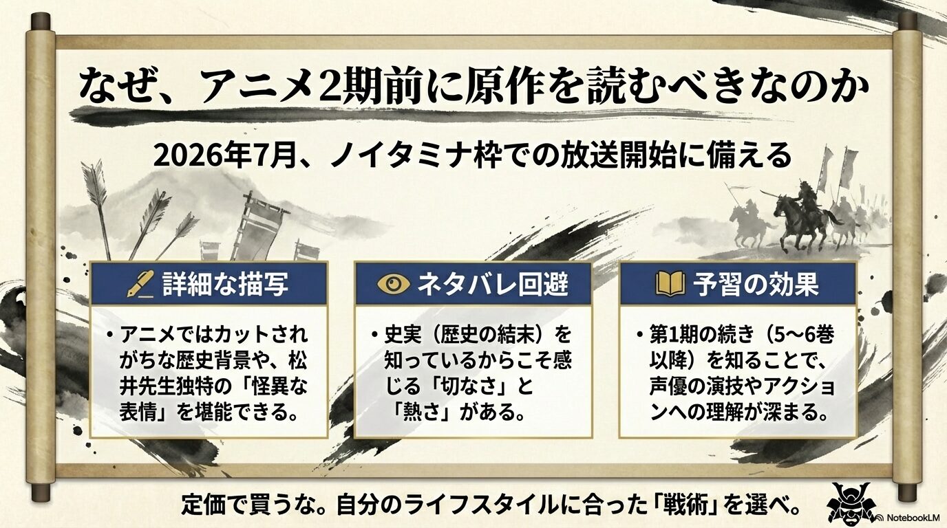 ノイタミナ枠放送前に詳細な描写堪能やネタバレ回避など原作予習のメリットを解説するスライド