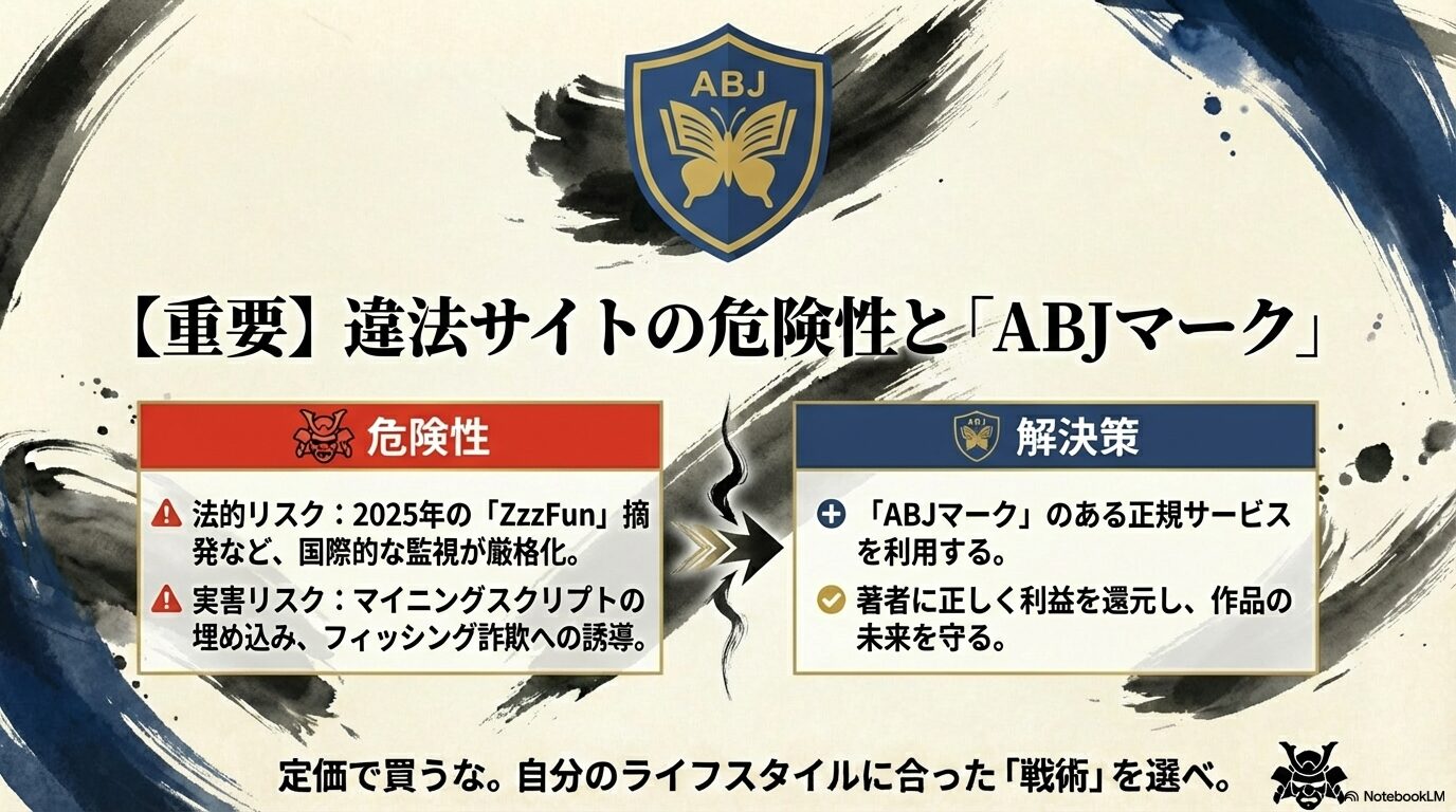 海賊版サイトの法的・実害リスクとABJマーク掲示サービス利用の重要性を示す啓発スライド