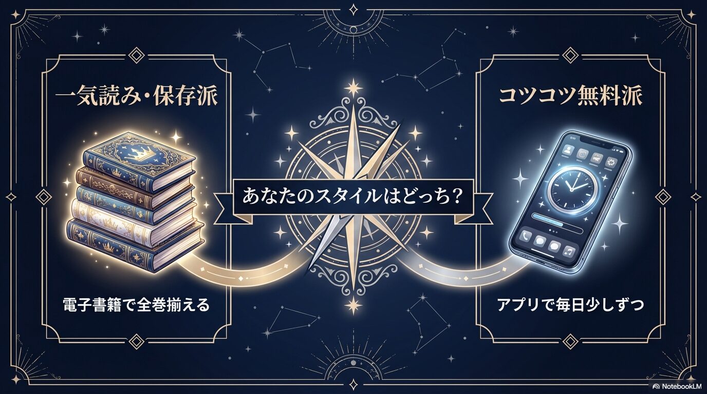 一気読み・保存派(電子書籍で全巻揃える)とコツコツ無料派(アプリで毎日少しずつ)のスタイル選択ガイド