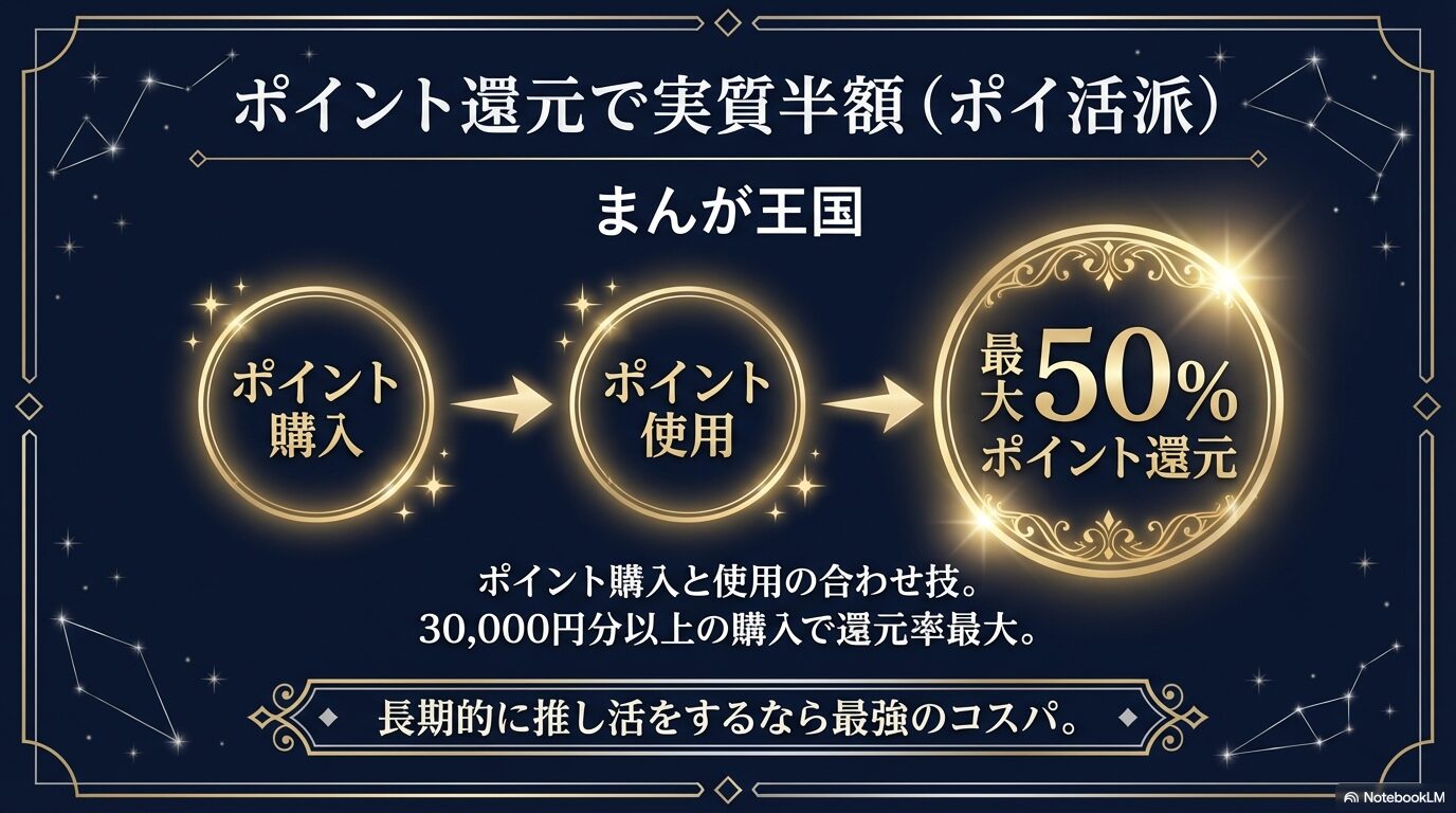 まんが王国のポイント購入と使用の合わせ技で最大50%還元、長期的な推し活に最強のコスパであることの解説