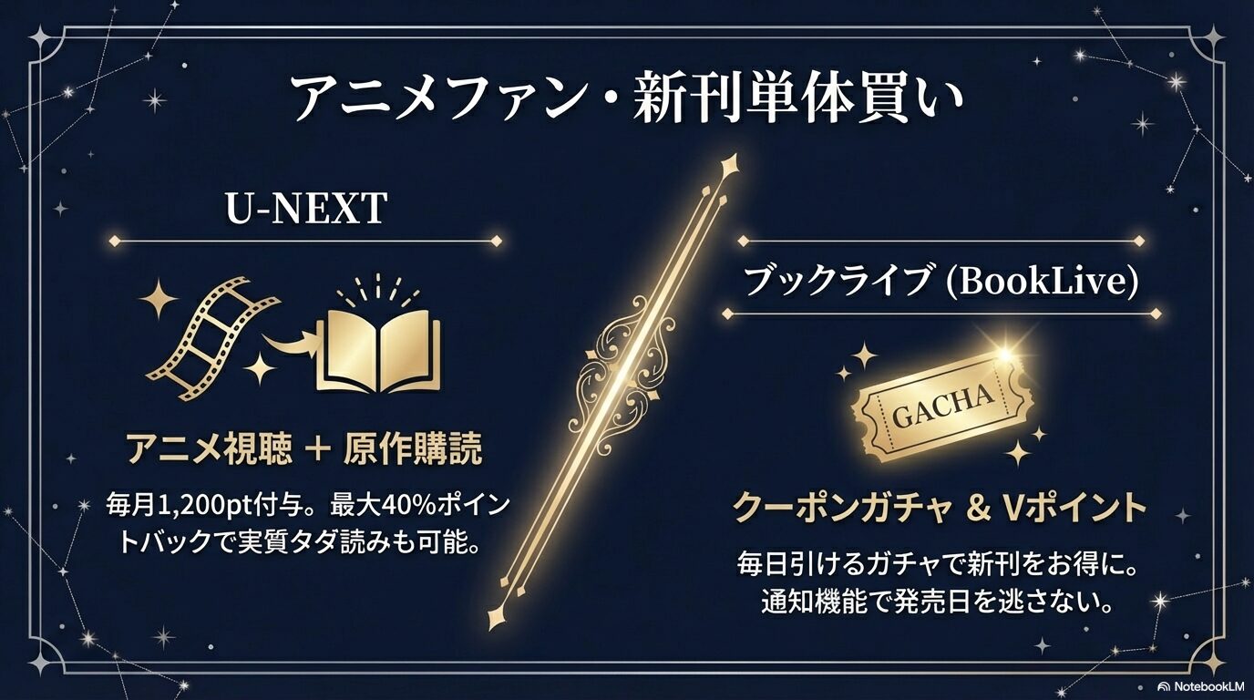 アニメ視聴と原作購読ができるU-NEXTと、クーポンガチャ毎日引けるブックライブの活用術解説