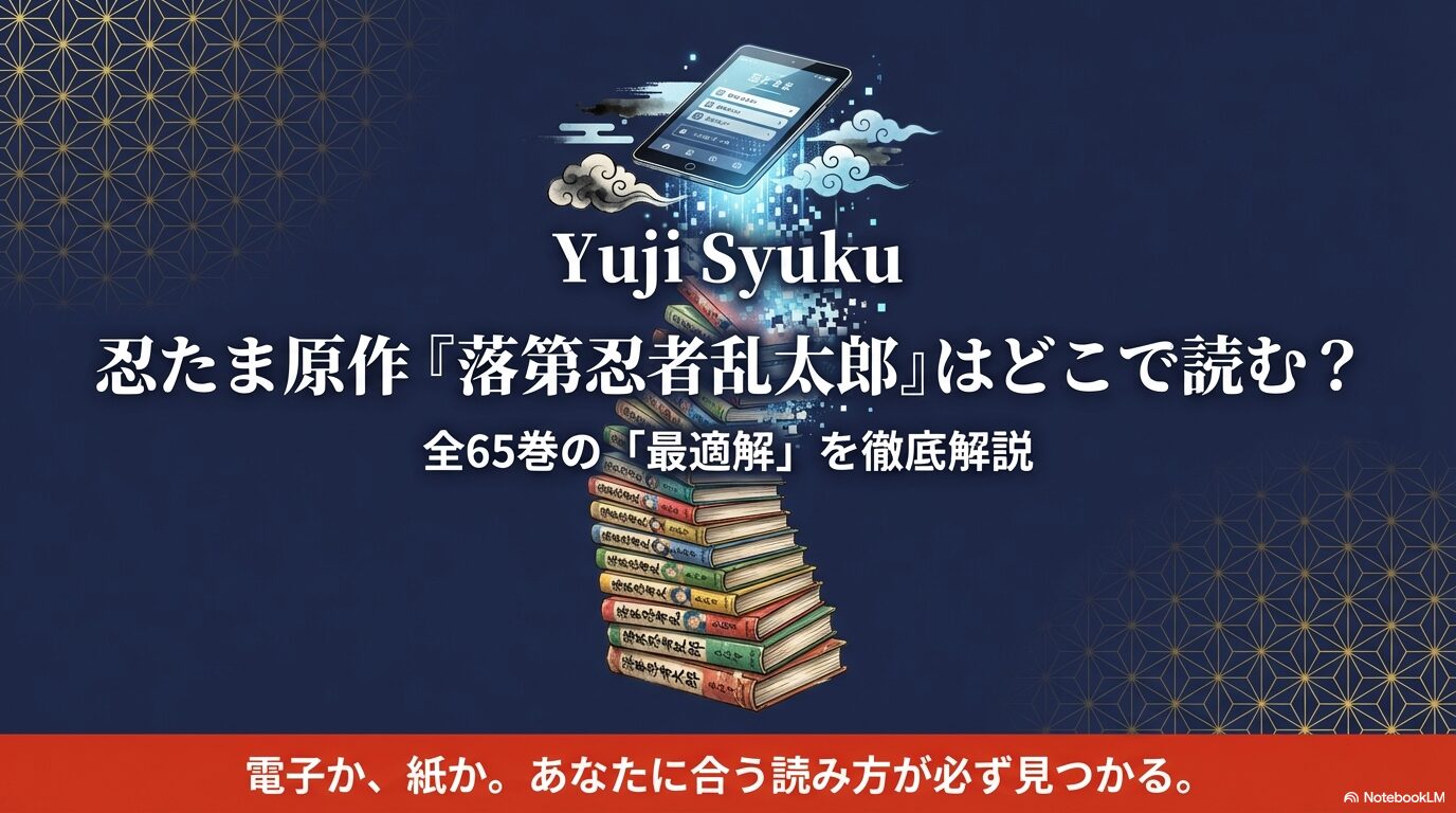 スマートフォンと積み上げられた『落第忍者乱太郎』の単行本、背景には和風の模様が描かれた、忍たま原作の購読ガイドの表紙。
