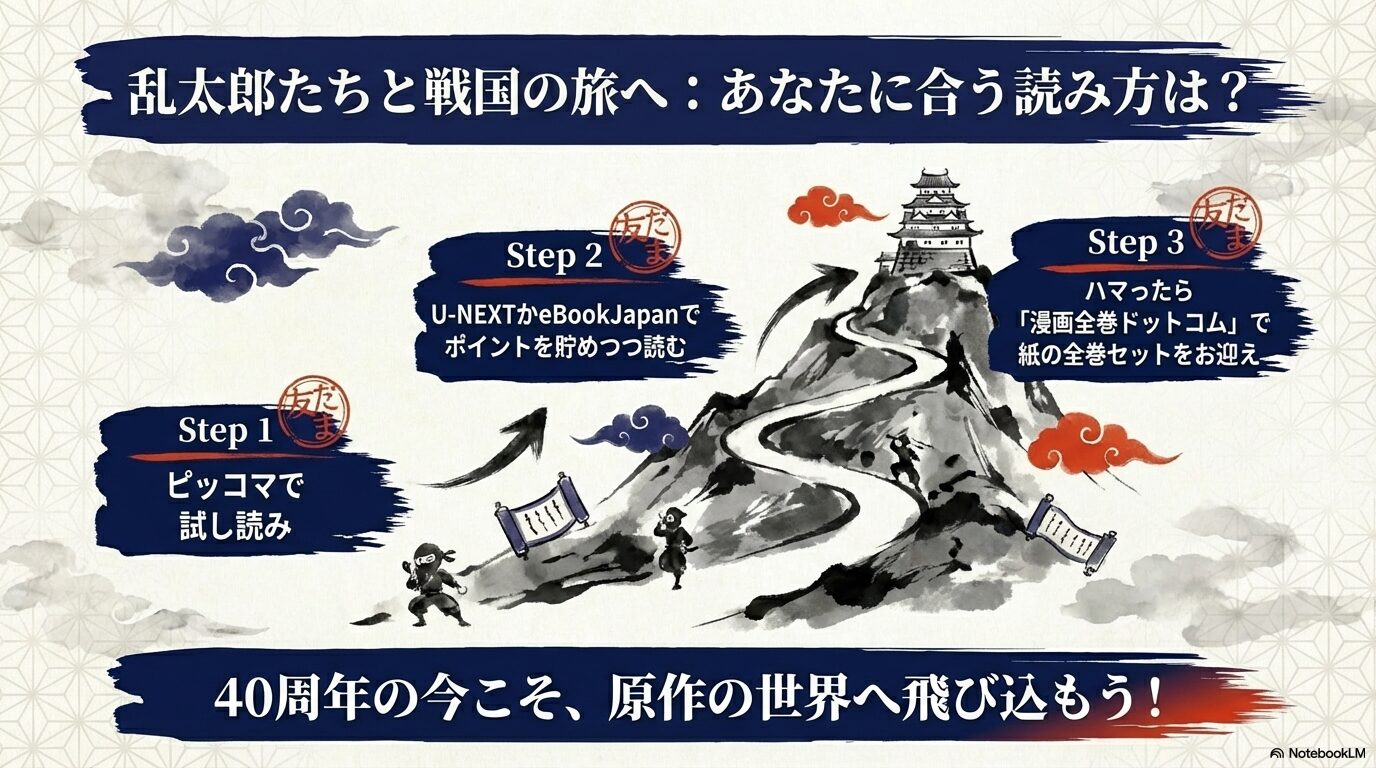 ステップ1「ピッコマで試し読み」、ステップ2「電子書籍でポイント利用」、ステップ3「ハマったら全巻セット購入」という購読手順をまとめたチャート。