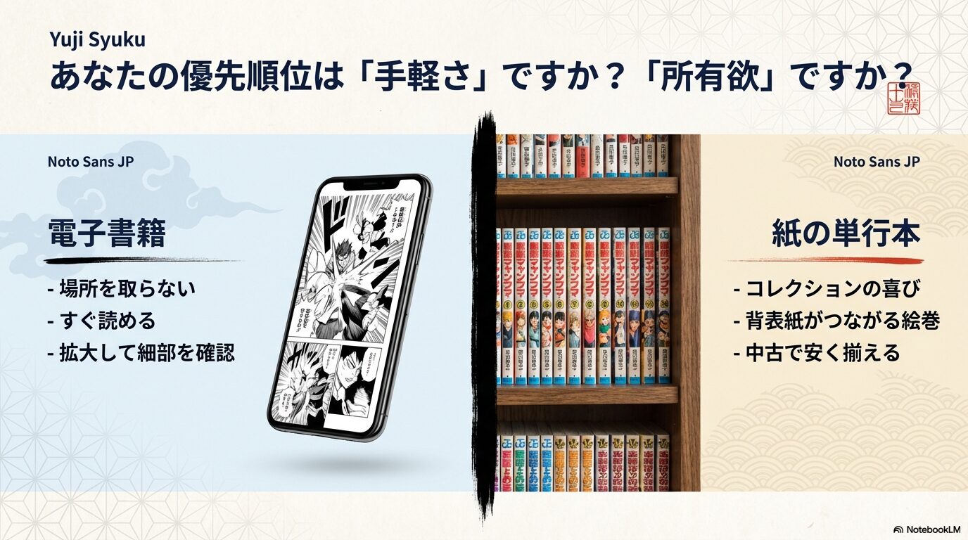 スマートフォンで漫画を読む様子と本棚に並んだ単行本の比較。「場所を取らない電子書籍」と「コレクションの喜びがある紙の単行本」それぞれの特徴をまとめたスライド。
