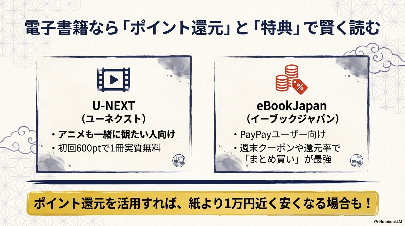 U-NEXTの初回600ポイント特典と、eBookJapanのPayPayユーザー向け還元・週末クーポン情報をまとめた電子書籍プラットフォーム紹介スライド。