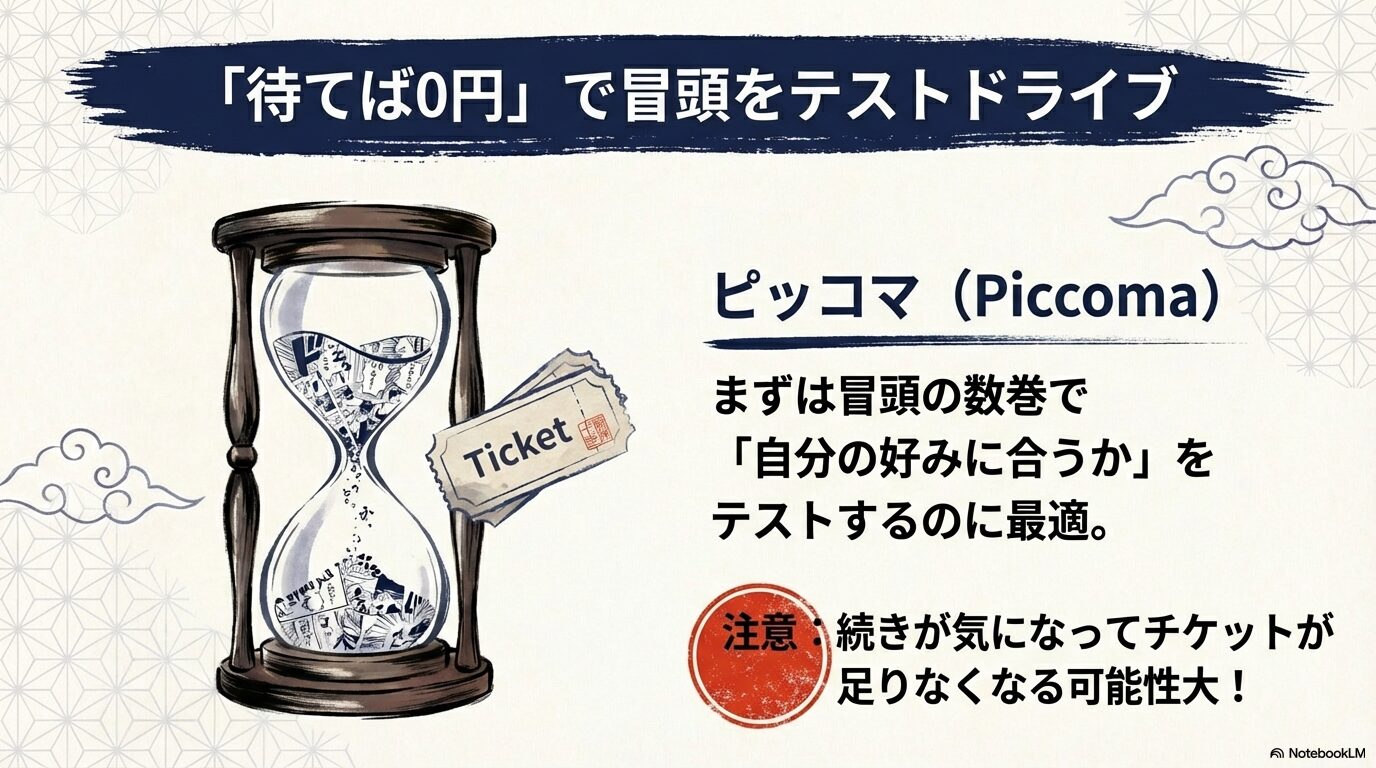 ピッコマの「待てば0円」チケットを使い、まずは冒頭の数巻で好みに合うかテストすることを推奨する解説スライド。