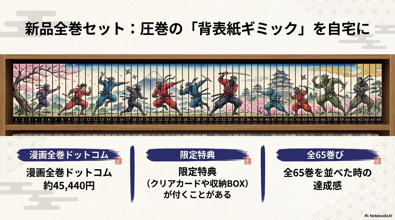 落第忍者乱太郎』全65巻を横に並べると、忍者が勢揃いして背景がつながる「背表紙ギミック」の絵巻物のような画像。