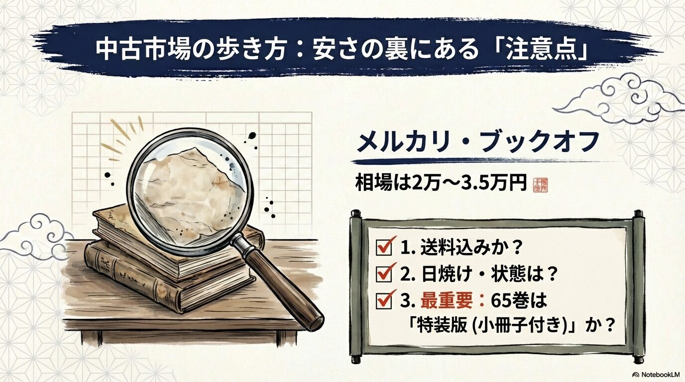 虫眼鏡で古本を覗くイラストと共に、中古購入時の送料、日焼け状態、65巻が特装版(小冊子付き)かどうかの注意点を記したスライド。