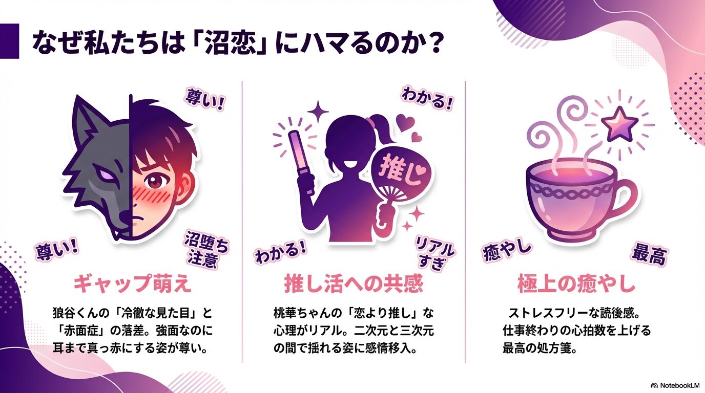 狼谷くんのギャップ萌えや推し活への共感、癒やしの読後感について解説したスライド