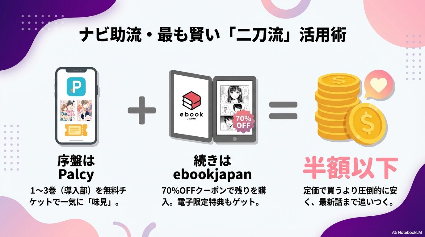 序盤はPalcyで無料味見し、続きはebookjapanのクーポンで購入する「二刀流」の図解スライド