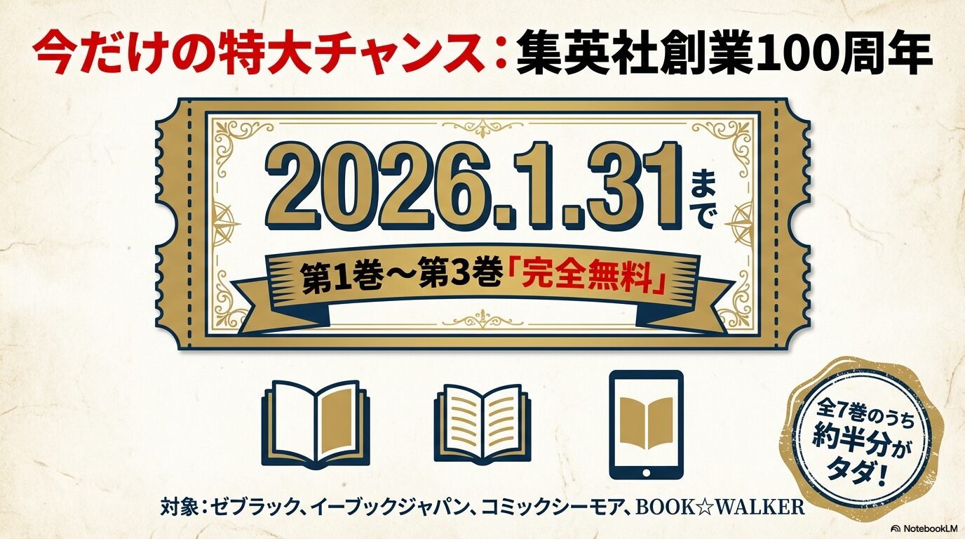 2026年1月31日まで集英社創業100周年記念でワンピースパーティー第1巻から第3巻が完全無料。対象はゼブラック、イーブックジャパン、コミックシーモア、BOOK WALKER。