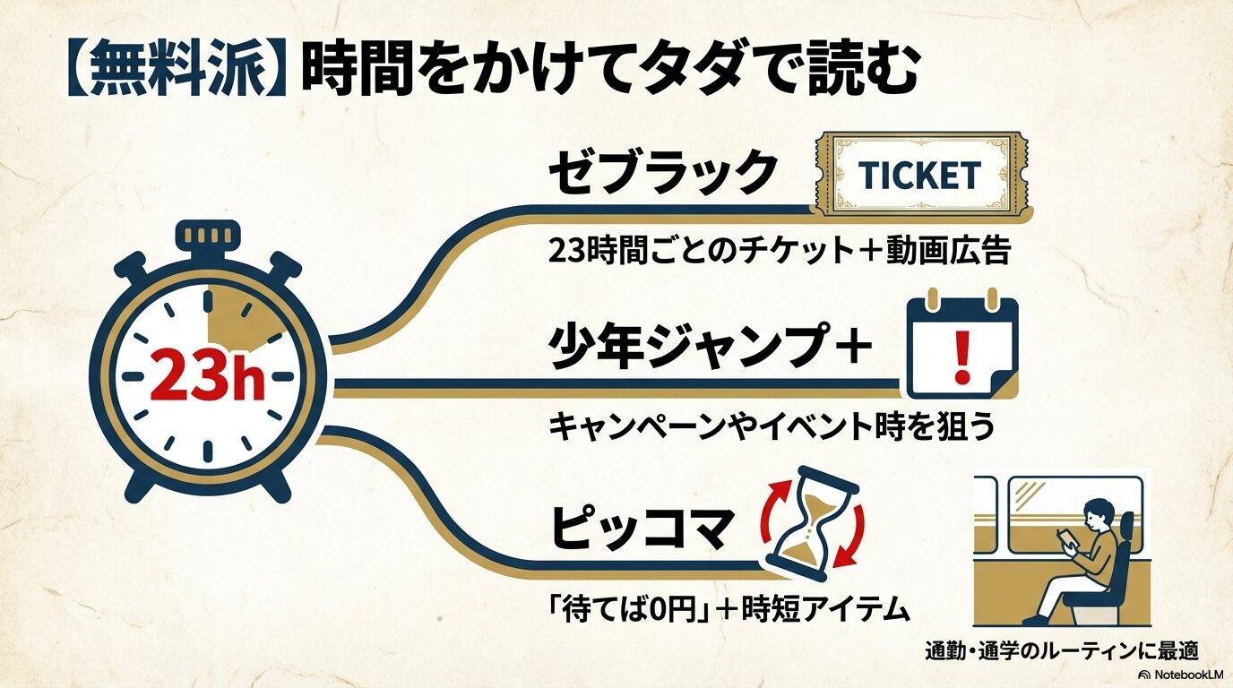 無料で読むためのルート解説。ゼブラックの23時間チケット、少年ジャンプ+のイベント、ピッコマの待てば0円などの特徴をまとめた図解。