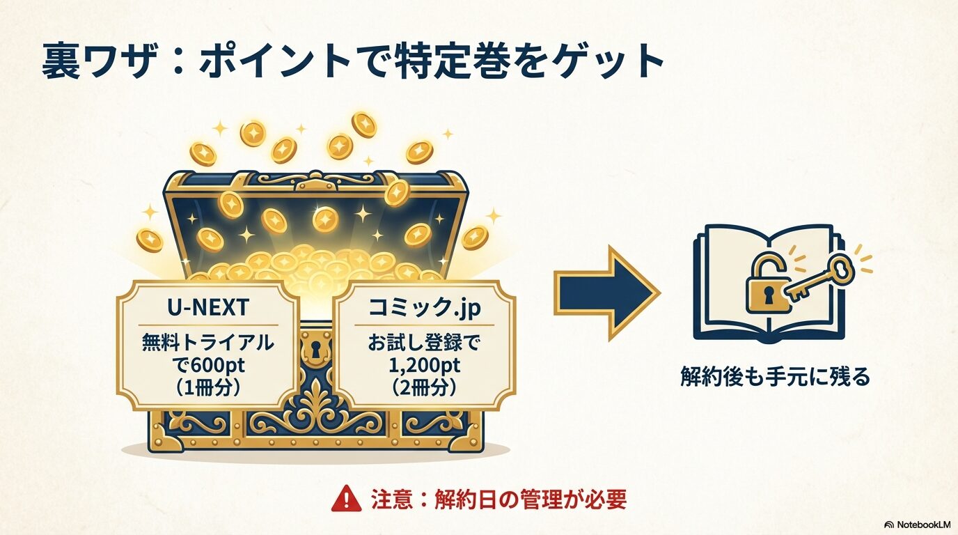 U-NEXTの無料トライアルで600pt(1冊分)、コミック.jpのお試し登録で1,200pt(2冊分)を獲得して無料で読む方法の図解。
