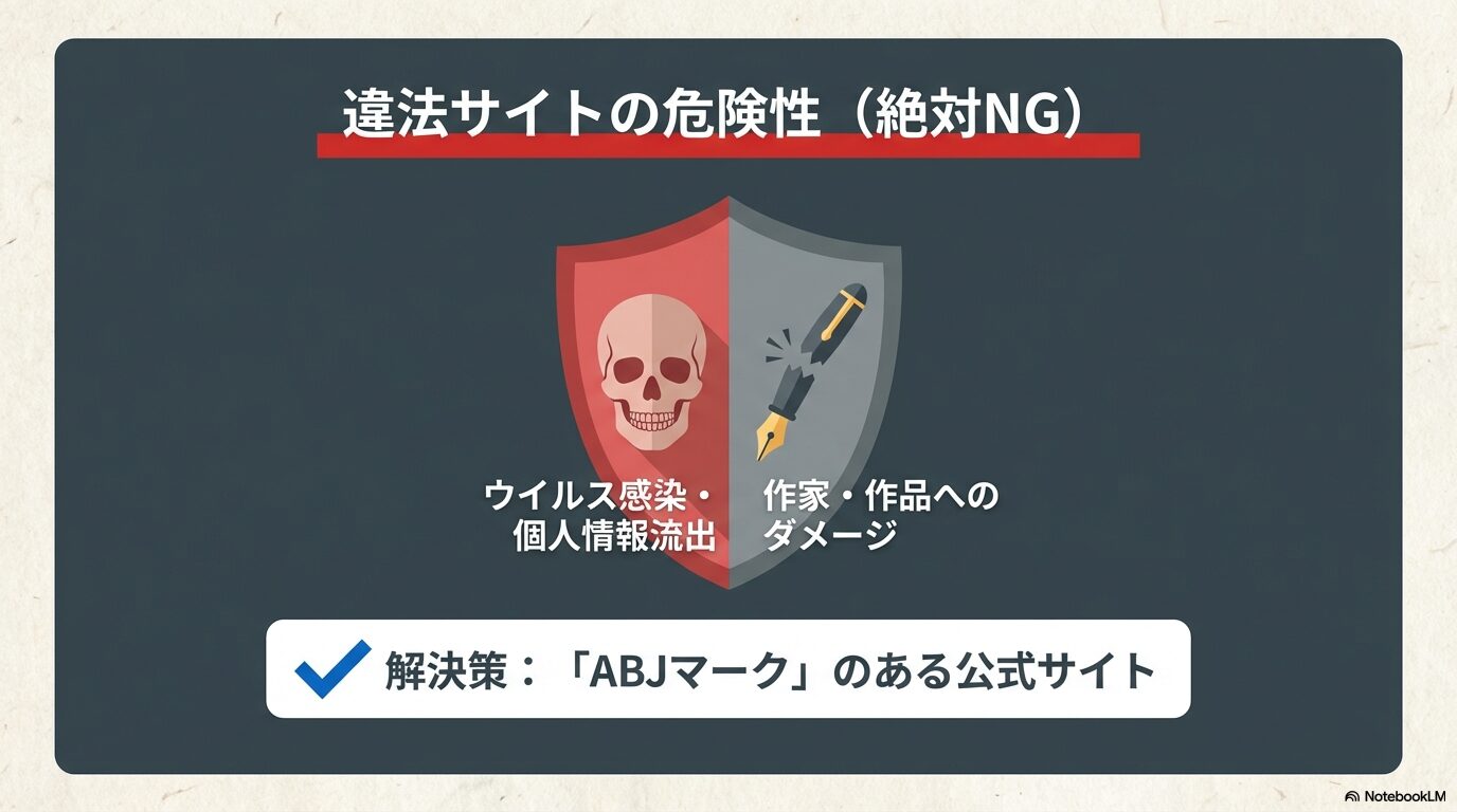 違法サイトによるウイルス感染や個人情報流出の危険性を警告。解決策としてABJマークのある公式サイトの利用を推奨する図解。