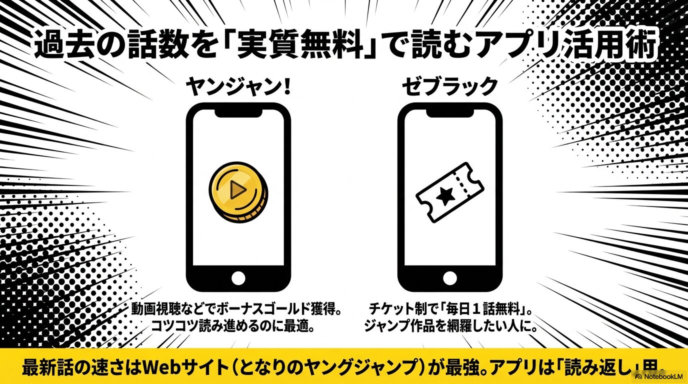 ヤンジャン!アプリのボーナスゴールドとゼブラックのチケット制による1話無料機能の比較。アプリは読み返しに適していると説明。