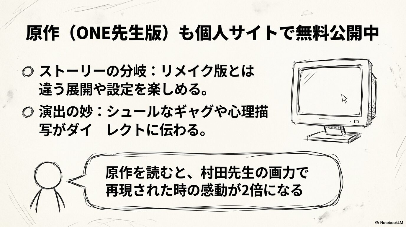 ONE先生版の原作は個人サイトで無料公開中。リメイク版とは違うストーリー分岐やダイレクトな心理描写が楽しめると説明するスライド。